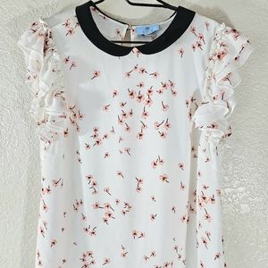 CeCe White Floral Ruffle Sleeve Blouse with Black Peter Pan Collar